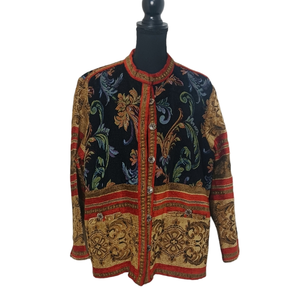 Tapestry Stand Collar Jacket Women's Sz 16 VTG Multicolor